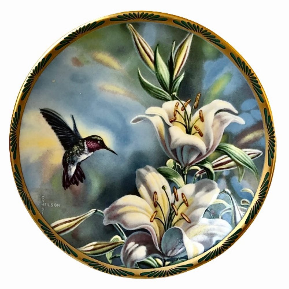 Ruby Throated Hummingbird & Lilies Vintage '89 Wall Plate by Cyndi Nelson